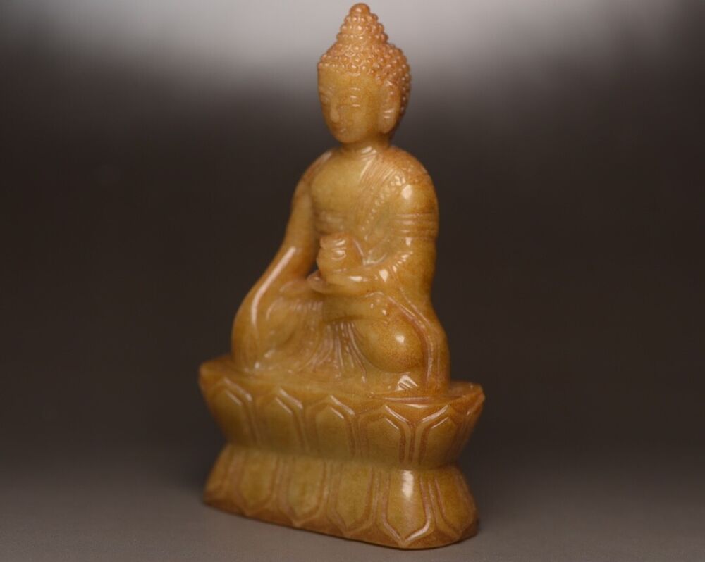 Antique Chinese Hetian Jade Hand Carving Buddha Statue Decor Collections Artwork