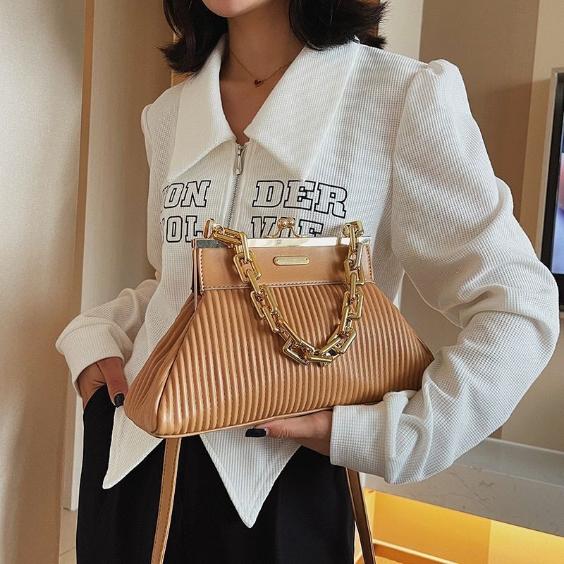 Elegant Clutch Shoulder Bag Chain Handle Handbag Pleated Shoulder Bag 18*31*11CM