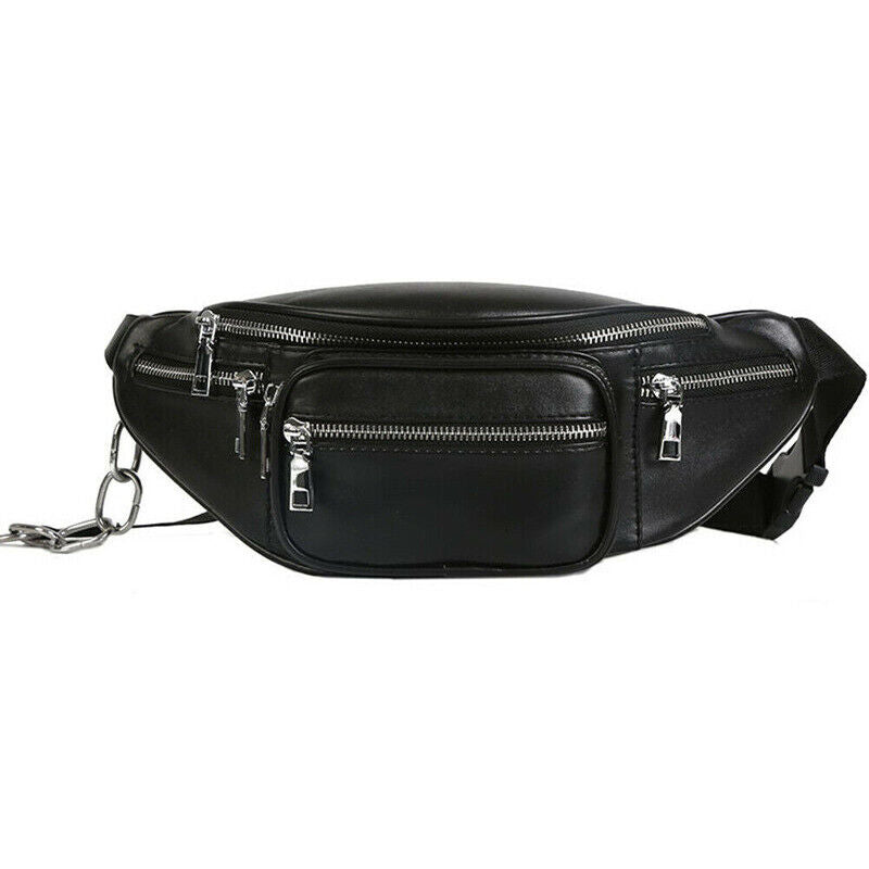 Women's Fanny Pack Purse Shoulder Chest Waist Bag Chain Zipper PU Leather Black