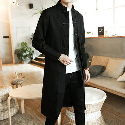 Coat Men Cardigan Coat Male Long Chinese Style Black Loose Linen Jacket