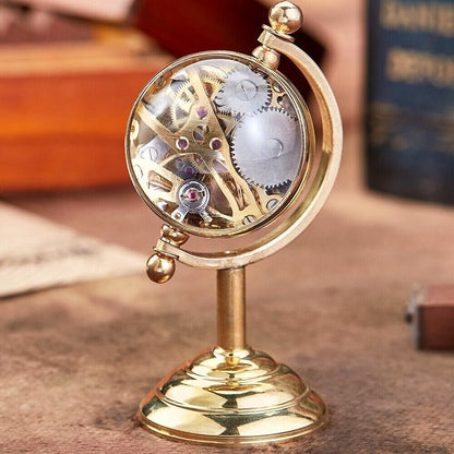 Pocket Watch Alloy Globe Shaped Golden Mechanical Hand Wind Unique Desk Ornament