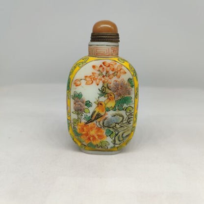 peking glass snuff bottle hand painted flowers qing rare signed bird snuffbox