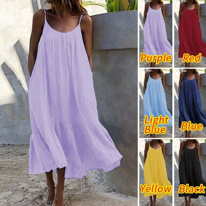 Womens Summer Sleeveless Loose Dress Beach Slip Sundress Swing Baggy Solid Color