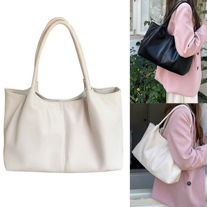 Womens Large-capacity Shoulder Bag PU Leather Handbags Solid Color Casual