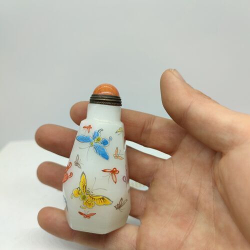 vintage chinese peking glass snuff bottle painted butterfly Liuli painting rare