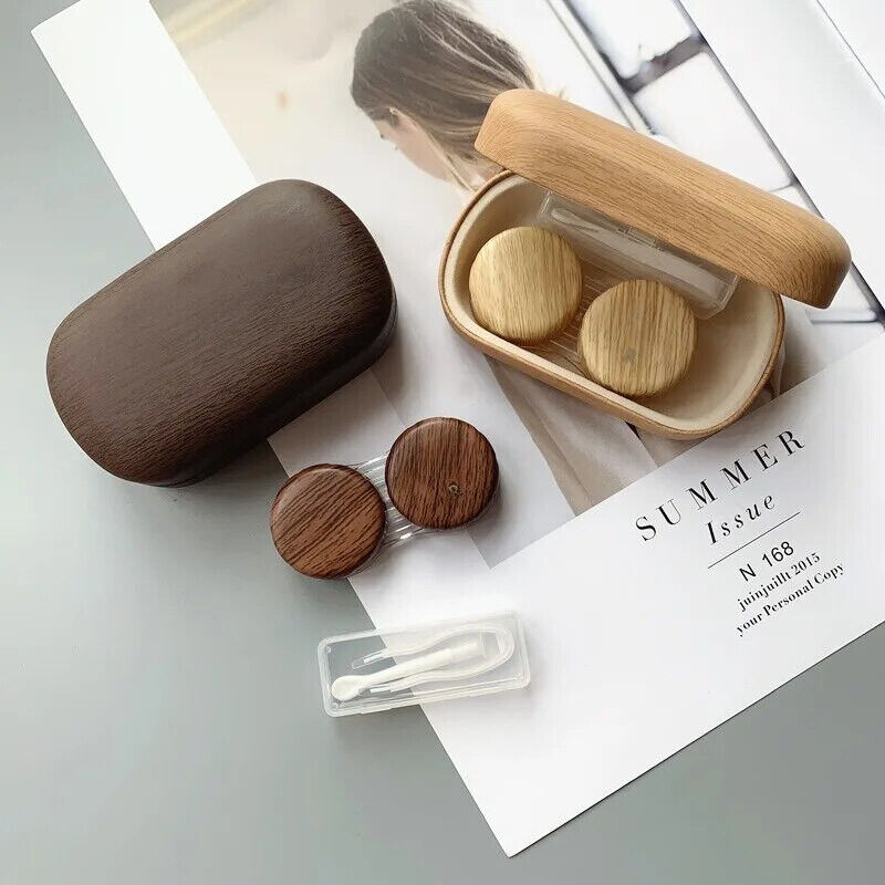 Contact Lens Case Leather Wood Grain Large Leakproof Storage Boxes 9.2x5.4x3.2cm