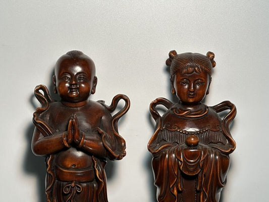 Vintage Chinese Boxwood Carving Boy And Girl Statue Wooden Sculptures Home Decor