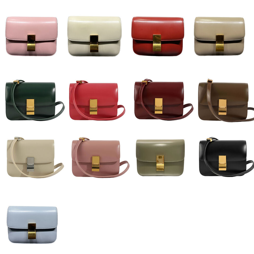 20/24cm Real Leather Small Flap Purse Clutch Box Shoulder Bag Crossbody Handbag