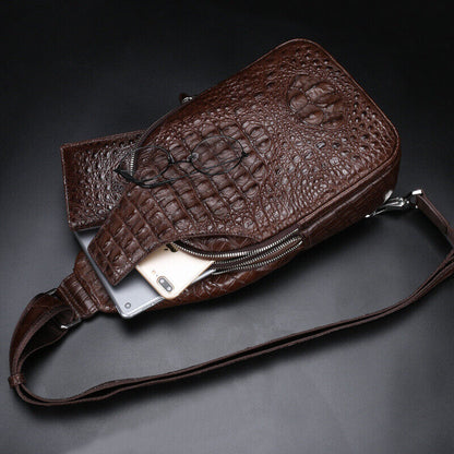 Men's Real Crocodile Alligator Skin Leather Crossbody Bag Luxury Sling Backpack