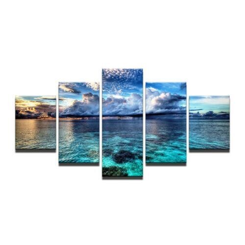 Natural Blue Ocean Sea 5 Pieces Canvas Wall Art Paint Pictur Poster Home Decor