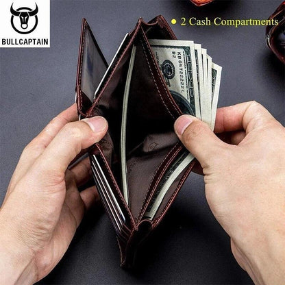 BULLCAPTAIN Mens Wallet Genuine Leather RFID Bifold Large Capacity Card Holder