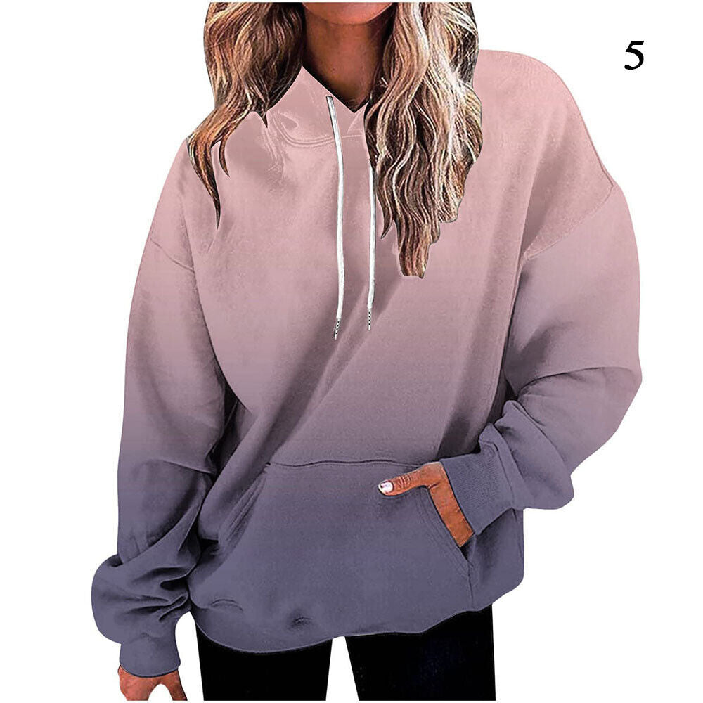 Womens 3D Gradient Hoodie Baggy Pullover Long Sleeve Tops Ladies Sweatshirt