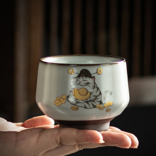Ruyao Ceramic Teacup Set of 2 Cups Lovely Cat Chinese Kung Fu Tea Cup 140ml