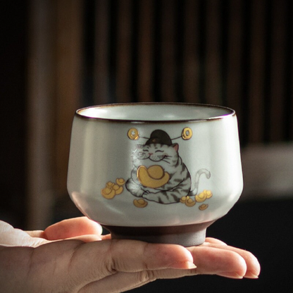 Ruyao Ceramic Teacup Set of 2 Cups Lovely Cat Chinese Kung Fu Tea Cup 140ml