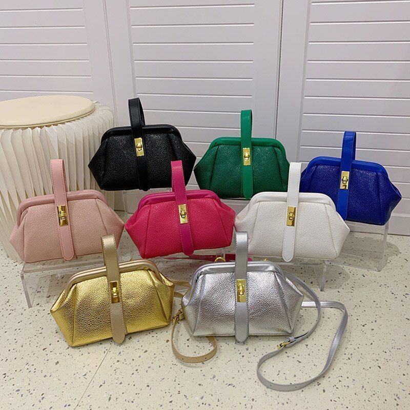 Synthetic Leather Small Shoulder Clip Bag Silver Shell Gold Pink Blue 20*15*10CM