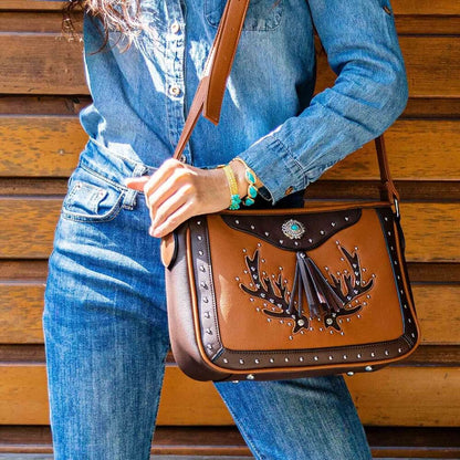 Celela Women Embroidered Concho Rhinestone Studs Fringe Crossbody Shoulder Bags