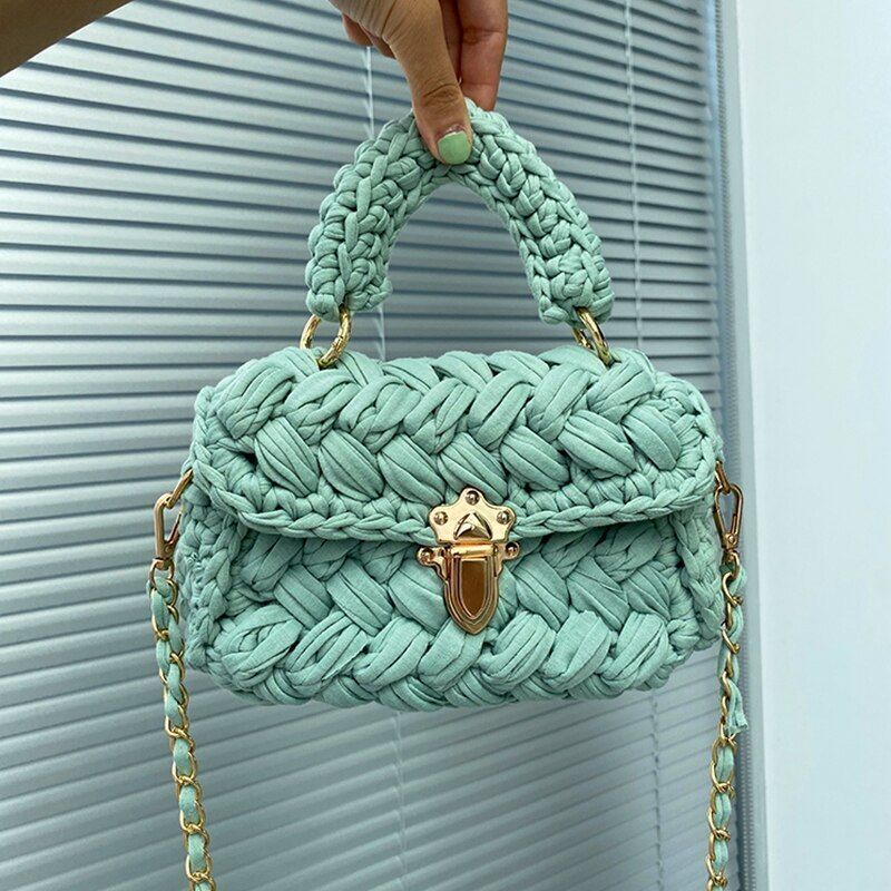 Knitting Bag Woolen Yarn Handmade Woven Handbag Square Crochet Purse 18*5*13 CM