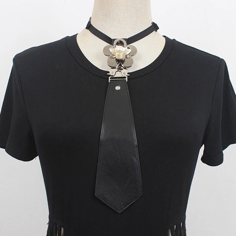 Women Necktie Faux Leather Black Gothic Uniform Pearl Flower Cosplay Bowtie 30cm