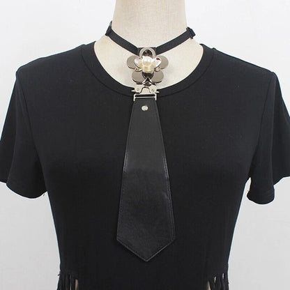 Women Necktie Faux Leather Black Gothic Uniform Pearl Flower Cosplay Bowtie 30cm