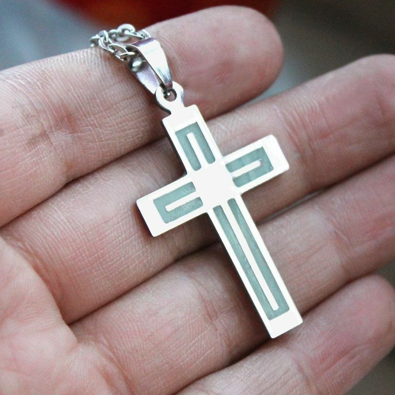 Men Women Glowing Cross Necklace Stainless Steel Glow In The Dark Cross Pendant