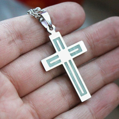 Men Women Glowing Cross Necklace Stainless Steel Glow In The Dark Cross Pendant
