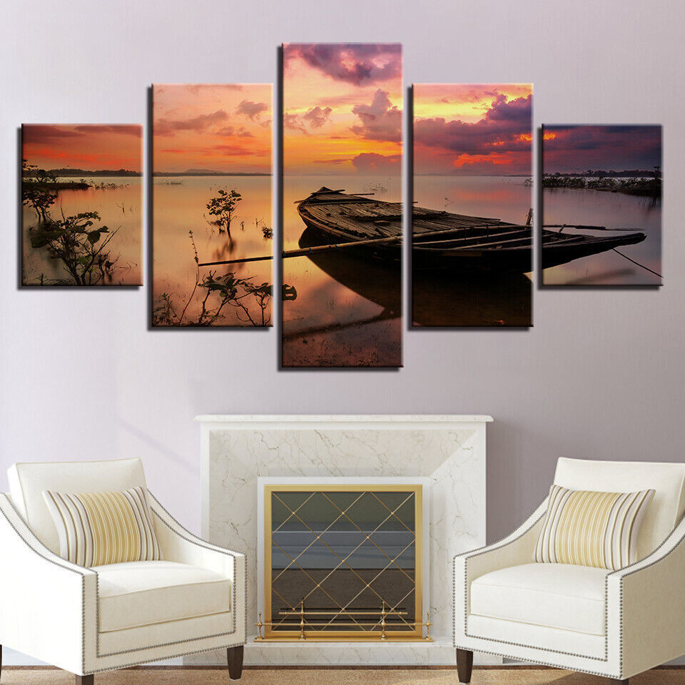 Sunset Seascape Sea Beach Boat Canvas Prints Painting Wall Art Home Decor 5PCS