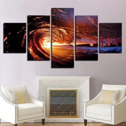 Sunset Ocean Huge Waves Sea Water 5 Panel Canvas Print Wall Art Poster Decor