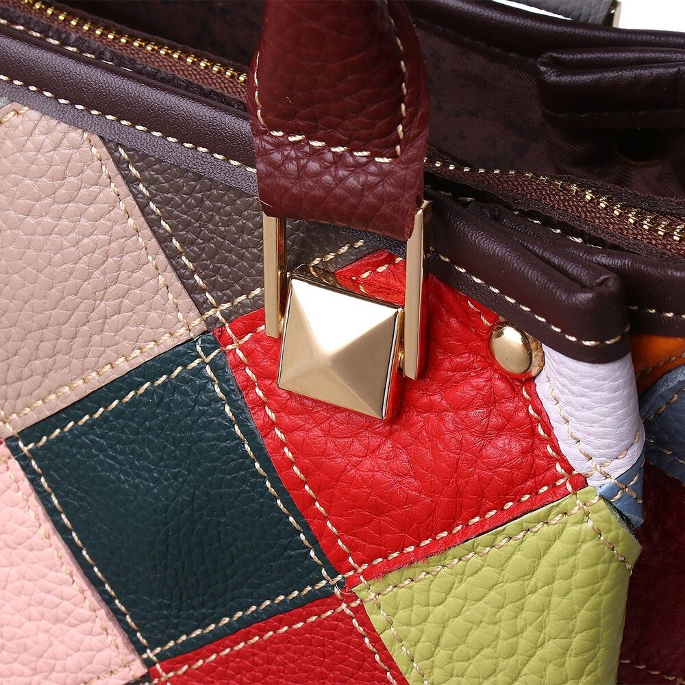 Designer Cow Leather Colorful random Patchwork Handbag Women's Tote Shoulder Bag