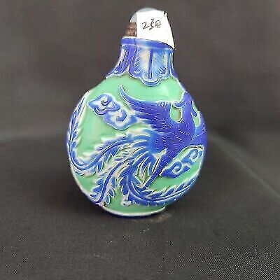 vintage chinese snuff bottle blue phoenix statue carving peking glass glaze fine