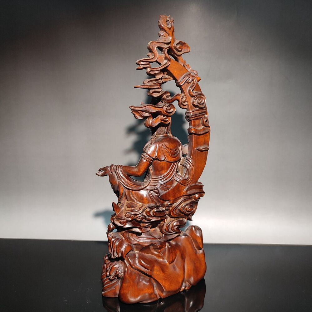 9" chinese boxwood buddha wooden statue antique Free kwan yin carved home decor