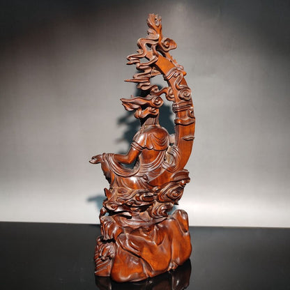 9" chinese boxwood buddha wooden statue antique Free kwan yin carved home decor
