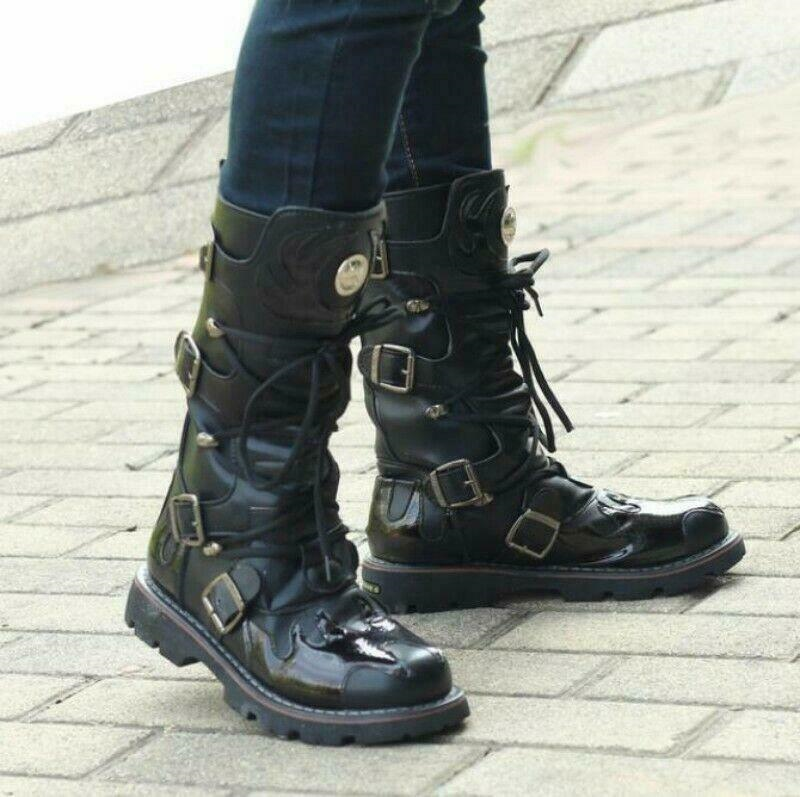 Gothic Mens Punk Lace Up Knee High Boot Military Motorcycle Black Biker Shoes