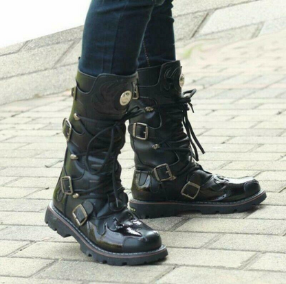 Gothic Mens Punk Lace Up Knee High Boot Military Motorcycle Black Biker Shoes