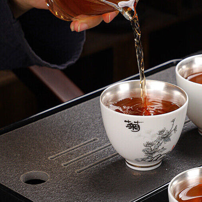Chinese Tea Cup Pure Silver Personal Cup Mutton Fat Jade Porcelain Kungfu Teacup
