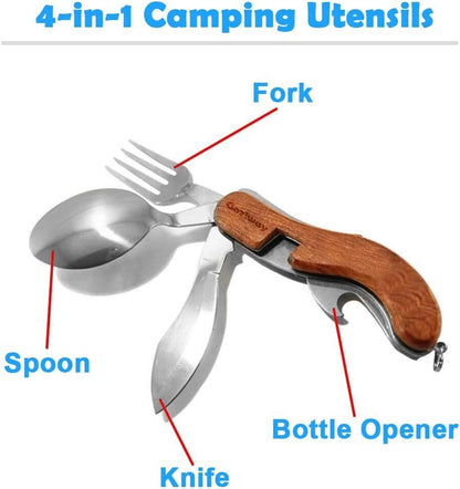 Camping Cutlery Utensils Set Portable Detachable Stainless Steel Travel 4-In-1