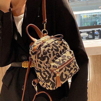 Fashion Backpack Leopard Nylon Shoulder Bag Small School Bag Travel Rucksack 1PC