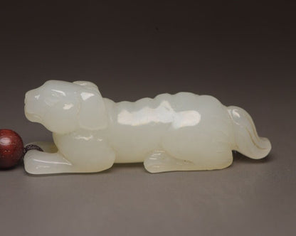 Top Chinese Natural White Hetian Jade Carved Dog 旺财 Statue Gift Animal Small Art