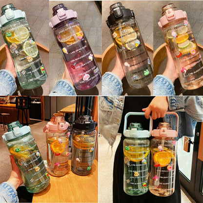 2L Sports Stickers Water Bottle Large Capacity Straw Gradient Fitness Water Cup