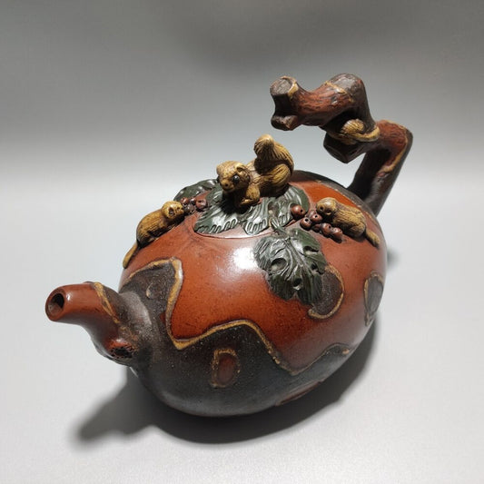 Vintage Chinese Yixing Purple Clay Teapot Zisha Ceramic Squirrel Tea Set Rare