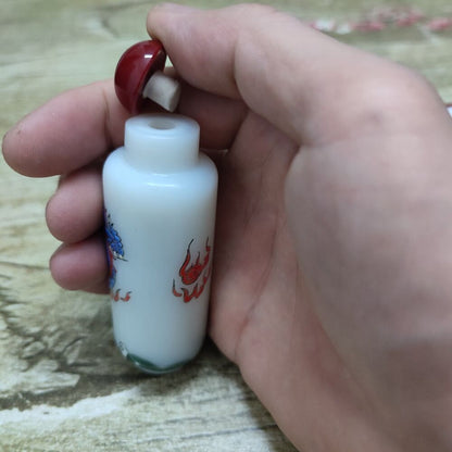 Chinese Peking Glass Snuff Bottle Carved Dragon Statue Awesome Painted Blue Art