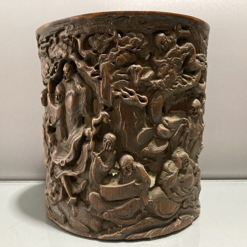 chinese bamboo carving antique carved brush pot case wood statue buddha Arhat