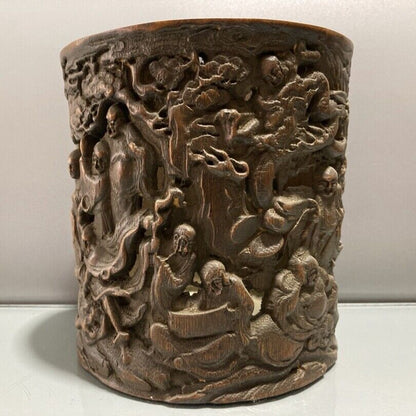 chinese bamboo carving antique carved brush pot case wood statue buddha Arhat