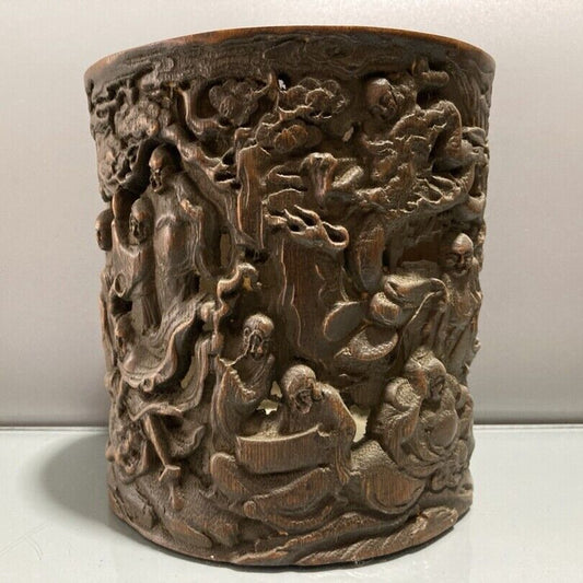 chinese bamboo carving antique carved brush pot case wood statue buddha Arhat
