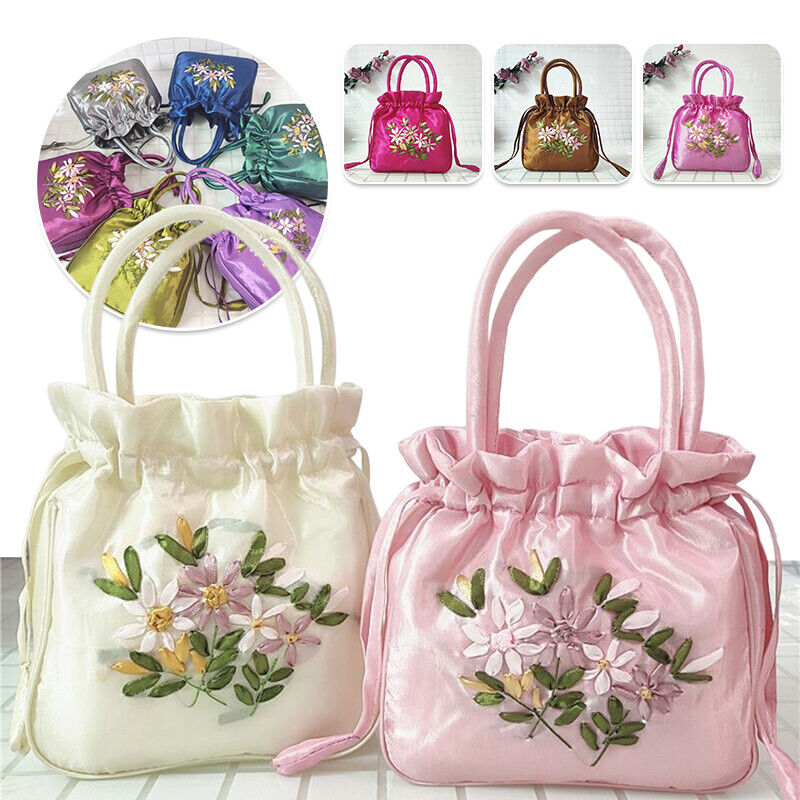Women Ethnic Embroidered Floral Satin Handbag Girls Drawstring Tote Hanfu Bag