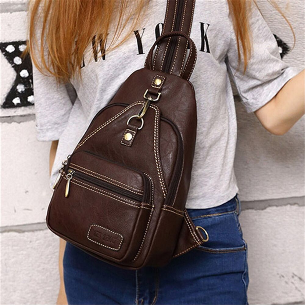 Womens PU Leather Vintage Outdoor Portable Chest Crossbody Shoulder Bag Backpack