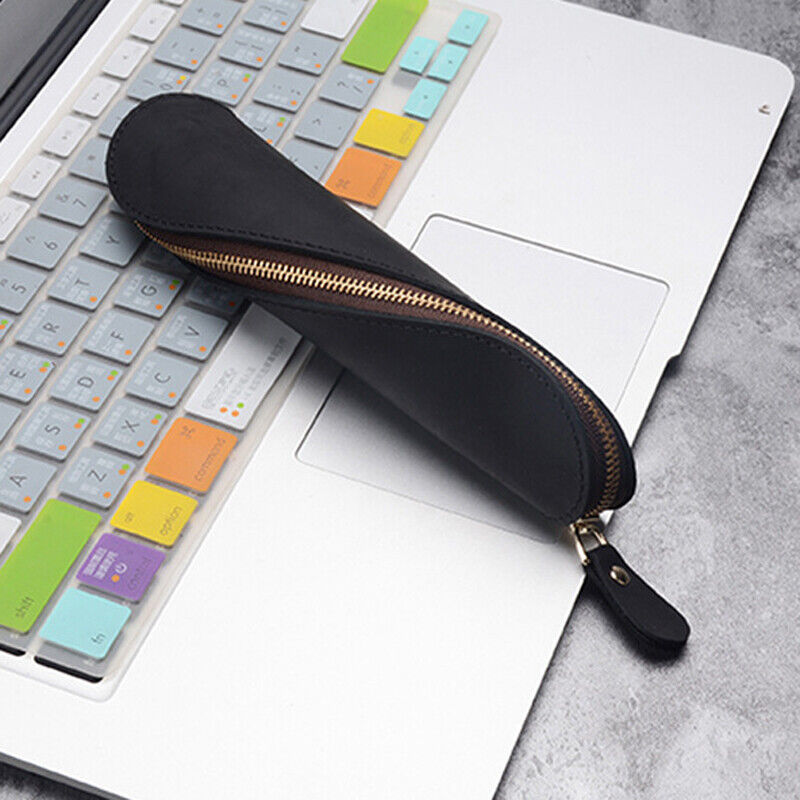 Handmade Cowhide Leather Vintage Zipper Pencil Case S-Shape Pen Bag