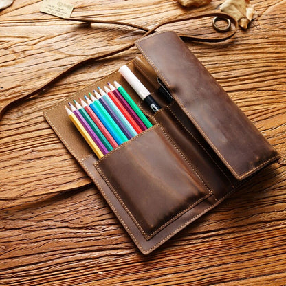 Handmade Cowhide Leather Pen Pouch Vintage Roll-up Pencil Case Bag Pen Curtain