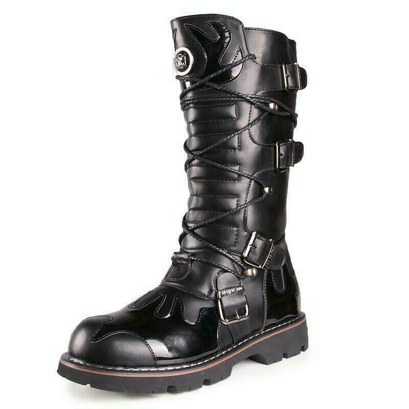 Gothic Mens Punk Lace Up Knee High Boot Military Motorcycle Black Biker Shoes