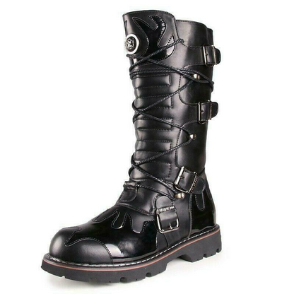 Gothic Mens Punk Lace Up Knee High Boot Military Motorcycle Black Biker Shoes