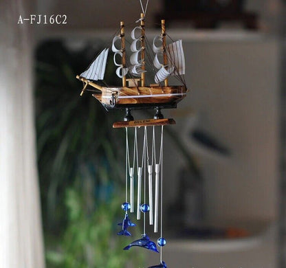 Wind Chimes Mediterranean Style Sailing Boat Ocean Series Dolphin 16x4x41cm Wood